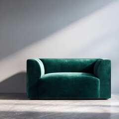 Stylish green armchair sits in minimalist room with natural light. Interior design, furniture, modern living, home decor, luxury space.