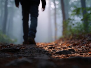 Person walks on misty path in forest. Foggy nature, travel adventure, explore outdoors, morning walk.
