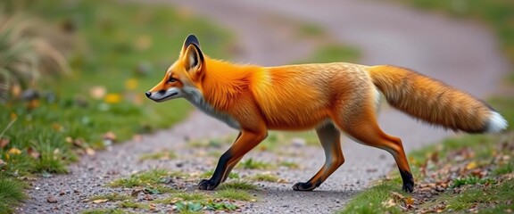 A vibrant orange fox with a pointed snout and long bushy tail ambles along a path, fall, leaves