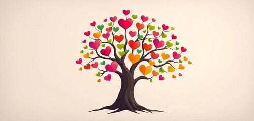 A vibrant, stylized family tree graphic with heart-shaped leaves against a muted background,  heritage,  download