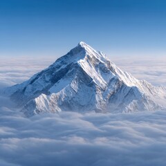 Mountain peak rises above cloud layer against blue sky. Himalayan mountains, Everest peak, snowy summit, landscape, travel.