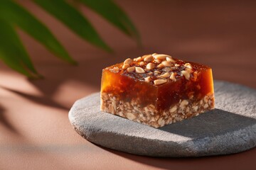 Dessert cube sits on gray stone plate. Sweet food, peanut candy, treat, gourmet, confectionery.
