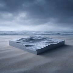Paper topographic model rests on sandy beach landscape. Conceptual design, data visualization, elevation map, geographical data, scientific visualization, cartography