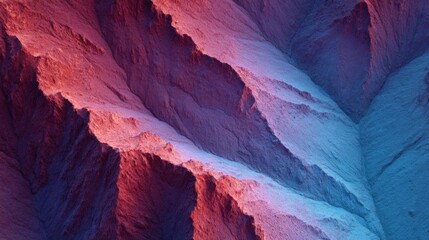 Abstract aerial view shows rocky terrain with colorful lighting. Dramatic landscape, geological formation, desert canyon, scenic travel, arid environment, unique geology.