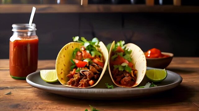 Two tacos with tomato ketchup on plate with ingredients on kitchen.