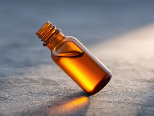 Essential oil bottle lies on its side outdoors. Amber glass container, aromatherapy, herbal treatment, alternative medicine, natural remedy.