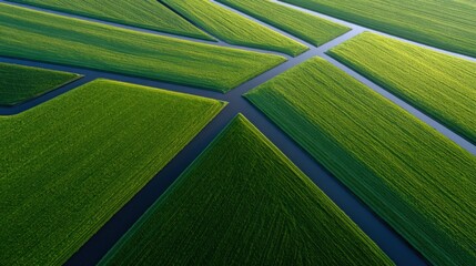 Aerial view shows green fields separated by waterways. Agricultural landscape, rural scenery, farming, irrigation, water management, natural resources