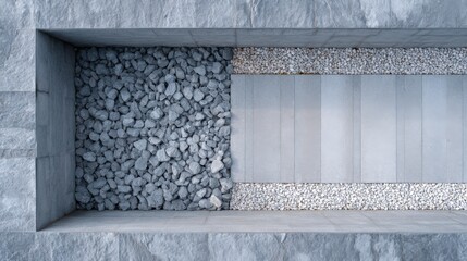 Abstract shot of rocks and tiles in recessed wall. Interior design, hardscaping, texture, decoration