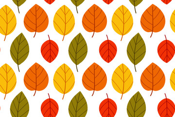 Bright autumn pattern with assorted fall leaves in red, orange, yellow, and green on white background. Ideal for seasonal prints and packaging