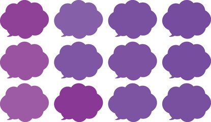 All the bubbles have a distinctive, rounded, cloud-like, or scalloped edge design. This vector image features twelve speech bubbles.