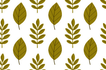 Seamless pattern with autumn leaves in olive green tones. Ideal for fall-themed packaging, textiles, wrapping paper, and seasonal backgrounds