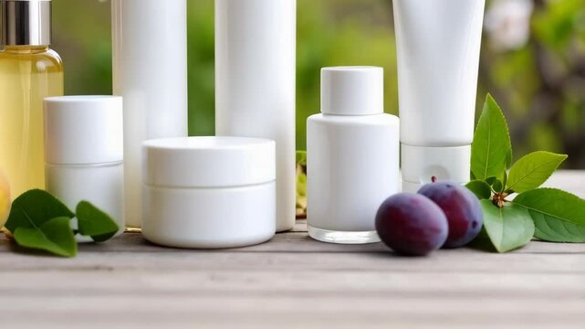 Assortment of white unlabeled cosmetic bottles and jars with peaches and plums on a wooden table in natural light.