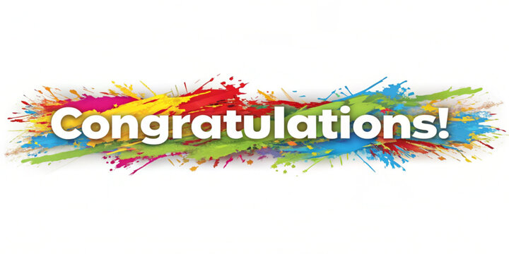 Congratulations text with colorful paint splashes and exclamation mark on a white background design created with generated ai