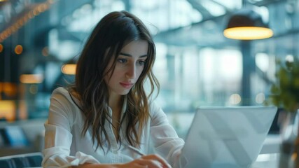 A young woman concentrating on her laptop while seated at a coffee shop counter. - Powered by Adobe