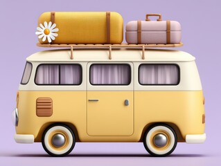 Charming yellow retro van with cozy luggage and a bright daisy decoration sitting ready for adventure against a pastel backdrop creating a sense of wanderlust and nostalgia