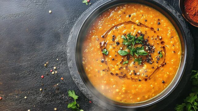 Dal soup in dish on the table with smoke