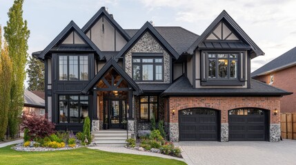 Elegant home facade with geometric siding lines, classic brickwork, and twin garage doors