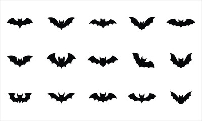 Fifteen black bat silhouettes on white background
