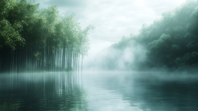 Misty bamboo forest reflects on a tranquil river.