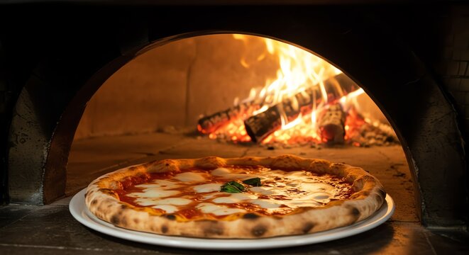 Margherita pizza with basil in front of a wood-fired oven with burning logs