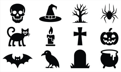 Halloween icons set black silhouettes