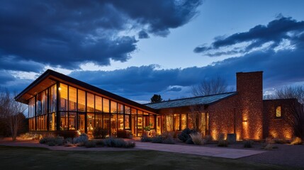 Evening shot of elegant modern house with ambient lights highlighting warm-toned textures