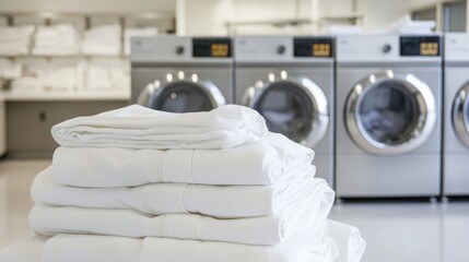 Laundry room in hotel with industrial washing machines and piles of folded linens