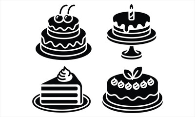 Four delicious cake icons black glyph style