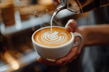 Barista pouring latte art in independent coffee s