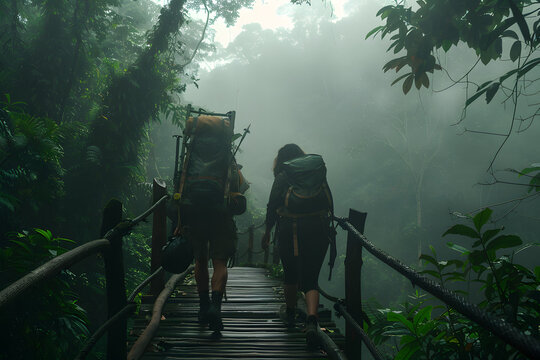 Backpackers crossing wooden bridge in dense jungl