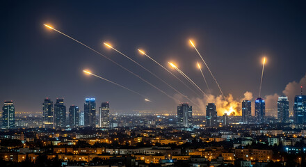 Dramatic wide shot: Night sky over Tel Aviv lit by multiple streaks of Iranian ballistic missiles intercepted by Israel's Iron Dome defense system, explosions creating fiery bursts against the dark