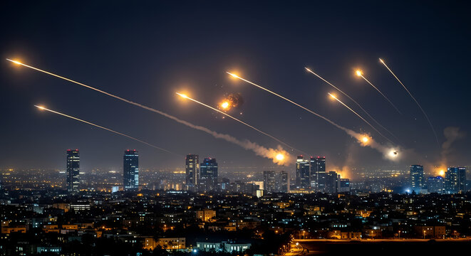 Dramatic wide shot: Night sky over Tel Aviv lit by multiple streaks of Iranian ballistic missiles intercepted by Israel's Iron Dome defense system, explosions creating fiery bursts against the dark