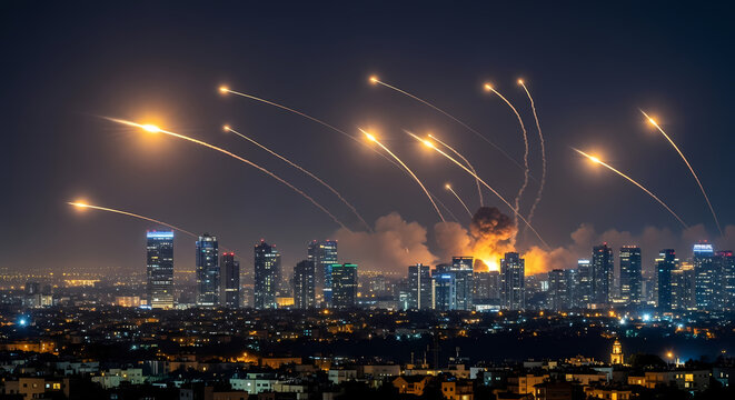 Dramatic wide shot: Night sky over Tel Aviv lit by multiple streaks of Iranian ballistic missiles intercepted by Israel's Iron Dome defense system, explosions creating fiery bursts against the dark