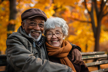 Senior couple smiling together on park bench duri