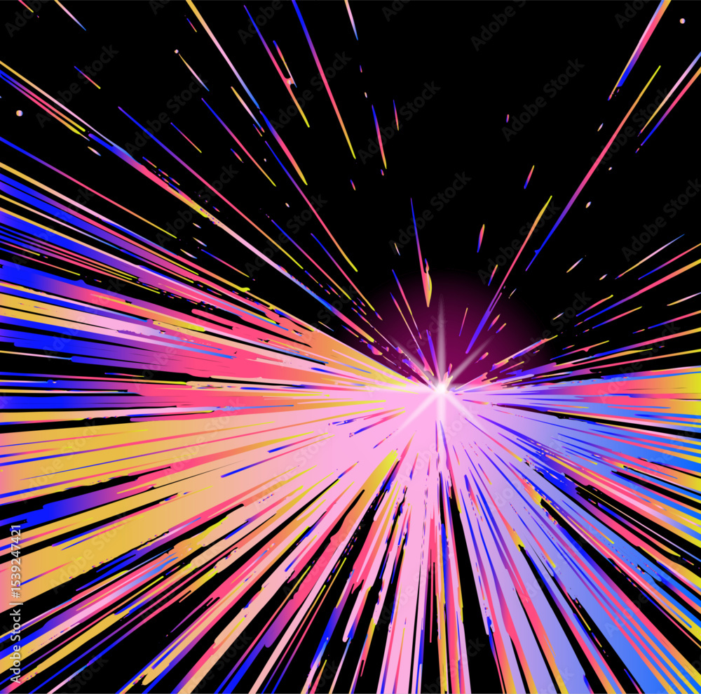 Poster vivid abstract illustration in a trendy vaporwave style: dynamic sharp shapes burst from a glowing m