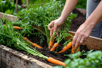 Woman harvesting fresh carrots from raised garden
