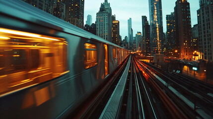 Fototapeta premium Elevated train moving at dusk among city skyline. Urban public transport at night. Commute and modern city life concept.