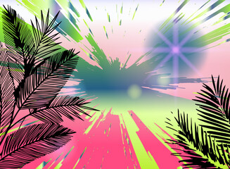 Abstract vaporwave illustration with sharp streaks in pastel pink, yellow, blue gradients, sunburst, and palm leaves silhouette— capturing trendy retro tropical vibes with dynamic geometric forms.