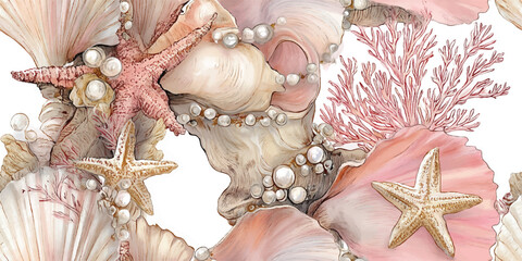Enchanting Ocean Starfish, Seashells, Coral, and Pearls Seamless Pattern. Coastal Marine Life Design for textile, packaging, fabric, wallpaper, branding, stationery, wrapping paper interior decor