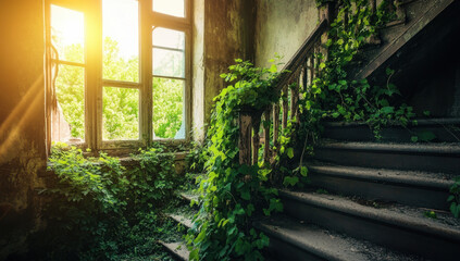 Sunlit overgrown abandoned staircase