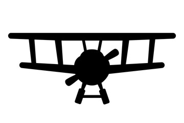 Biplane silhouette front view vector icon. Clipart image isolated on background.