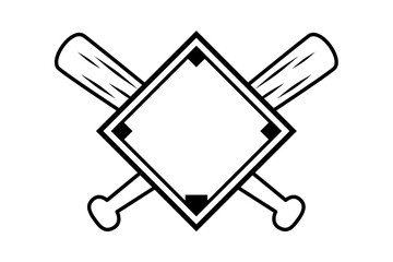 Black and white baseball monogram icon with crossed bats and diamond shape. Clipart image isolated on background.
