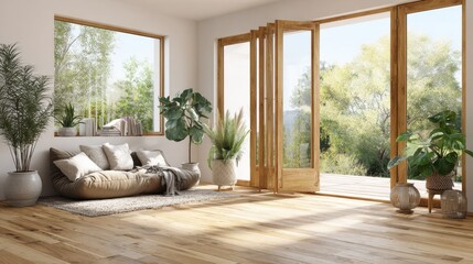 Fototapeta premium Modern Scandinavian living space with wooden floor, white walls, and large bright windows