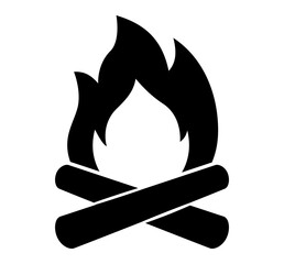 Black silhouette of campfire with flame and logs icon. Clipart image isolated on background.