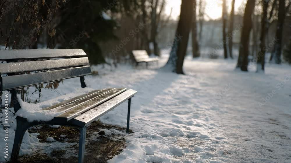 Poster an empty park bench in the snow, bathed in soft sunlight, symbolizing solitude and reflection during
