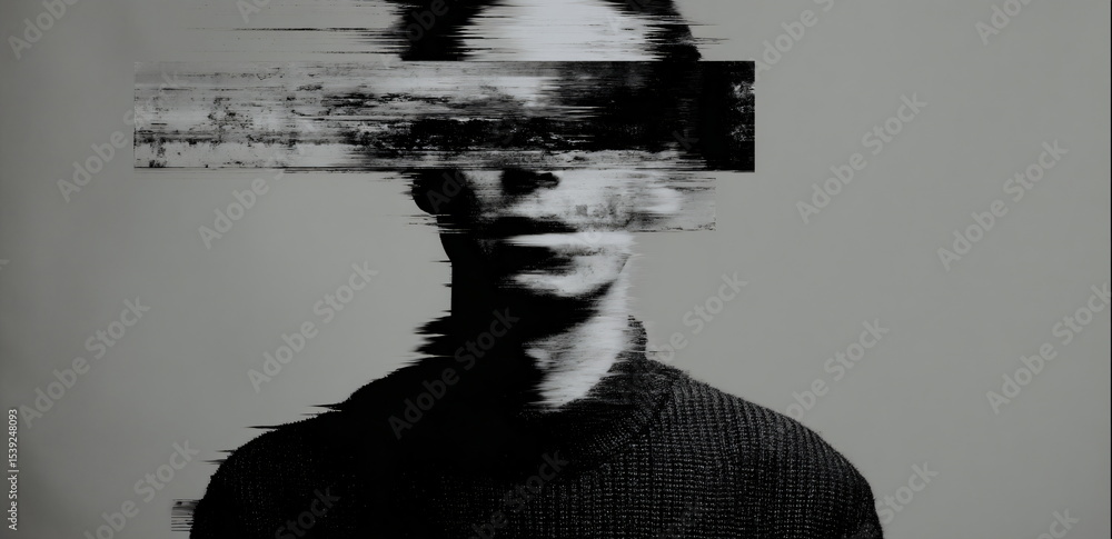 Fototapete man with face hidden by digital glitch effect. anonymity and data distortion concept for technology 