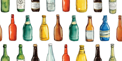 Assorted Beer Bottles Hand-Drawn Seamless Pattern. Various Alcoholic Beverages and Drinkware Design for textile, packaging, fabric, wallpaper, branding, stationery, wrapping paper interior decor.