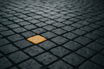Single Yellow Stone in Black Portuguese Sidewalk Symbolizing Strength and Uniqueness