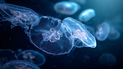 Blue fluorescent jellyfish swim in dark deep ocean. Marine underwater life and beauty concept in aquarium for aquatic research.
