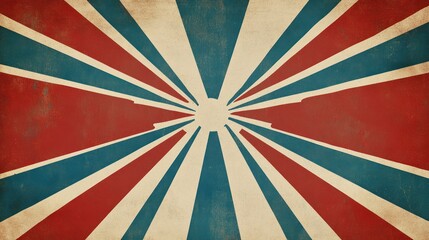 Retro, aged, radiating stripes in red, blue, and cream